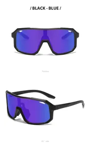 Professional cycling sunglasses with purple mirrored lenses and black frame, multiple views.