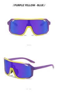 Detailed views of purple and yellow sports sunglasses with blue mirrored lenses