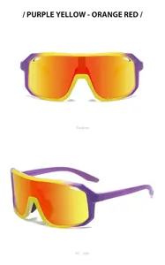 Front and side views of purple and yellow gradient sports cycling sunglasses with red lenses