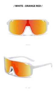 White frame sports cycling sunglasses with orange red mirror lenses, two angle views.