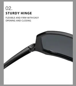 Close-up of the sturdy hinge on matte black sports sunglasses for outdoor cycling.