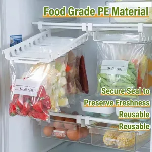 Detailed view of hanging food storage bags in refrigerator with double seal