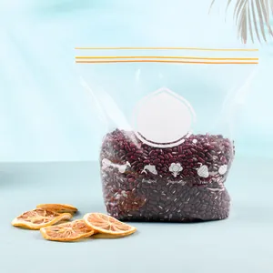 Transparent PE food storage bag with yellow double zipper seal filled with red beans
