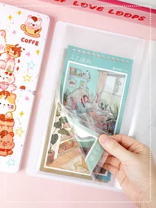 Macro detail of flipping transparent internal pockets in cute cartoon photocard album