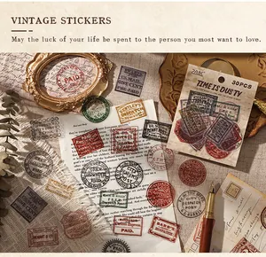 Detailed macro shot showing vintage-style postal stamp stickers on antique paper surfaces
