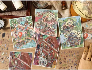 Detailansicht der 3D-Miniaturszene-Aufkleber aus der Adventure Journal-Serie auf einem Holztisch.