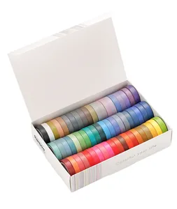Detailed view of 60 colorful rainbow washi tape rolls neatly organized in a white box.