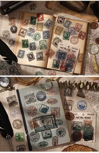 Detailed view of vintage postage stamp stickers applied on an old book cover