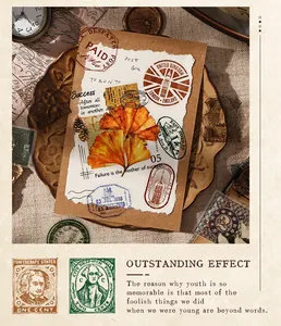 Detail shot of vintage stamp stickers with gingko leaf and inspirational English quotes.