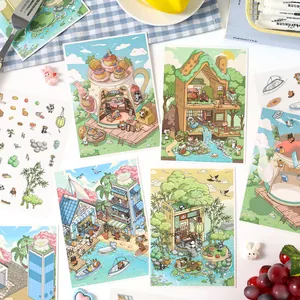 Ensemble d'Autocollants 3D Scène Miniature Cartoon PET Transparent Imperméable Étiquettes Décoratives Pour DIY Journaux Planificateurs Enfants Étudiants