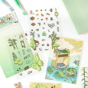 Autocollants de scène miniature 3D Tea Retreat avec motifs mignons de panda et bambou.