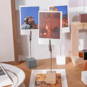 Vertical wooden base memo holder with alligator clip for photos and notes