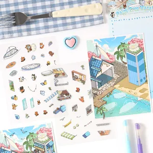 Lot de stickers de paysage de vacances de dessin animé avec carte de fond de plage