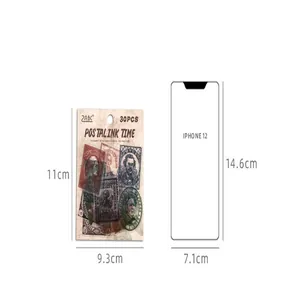 Detailed size comparison of vintage postmark sticker pack and smartphone dimensions