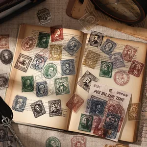 Set of 30 vintage postal stamp stickers for DIY scrapbooking and bullet journaling