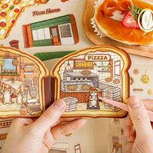 Cozy afternoon series 3-fold landscape stickers with cute pizza shop and cat designs