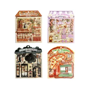 Afternoon building series tri-fold scenery stickers with cats and shop themes
