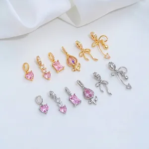 Colgantes de Latón Chapado en Oro de 14K con Circonia Rosa para Fabricación de Joyas DIY Dijes de Corazón Rectángulo Tulipán Lazo Accesorios de Joyería Artesanal