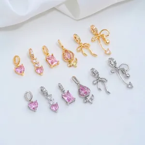 Varios colgantes de circón rosa con formas de corazón, tulipán y lazo para joyería DIY