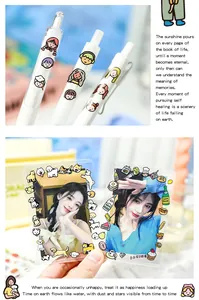 Detailed view of cute cartoon PET waterproof stickers decorating pens and photocard holders.