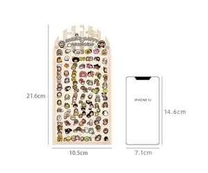 Large cartoon PET sticker sheet dimensions shown next to an iPhone 12 for scale