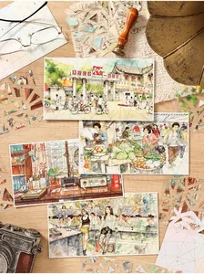 Detailed view of nostalgic retro landscape stickers for journaling on a wooden desk