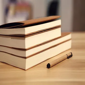 Detalle de primer plano de cuadernos de papel kraft y bolígrafo ecológico a juego