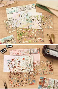 Retro 3D miniature scene stickers pack shown on wooden desk