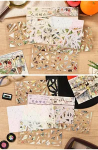 Detail view of retro 3D miniature scene stickers with transparent puzzle pieces and cards.