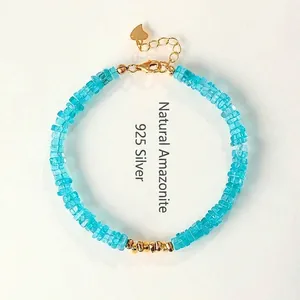 Close-up detail of natural Amazonite beaded bracelet with 925 silver gold-plated accents