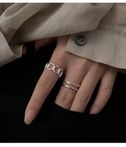 925 Sterlingsilber Retro Geometrisch Hohl Ausgeschnitten Offener Ring Für Damen Verstellbarer Minimalistischer Doppelschicht Schmuck