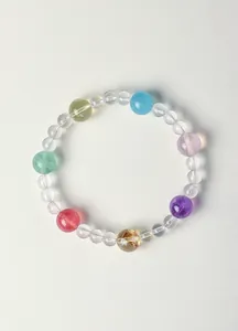 Close-up of multi-gemstone crystal bracelet with amethyst and aquamarine beads.