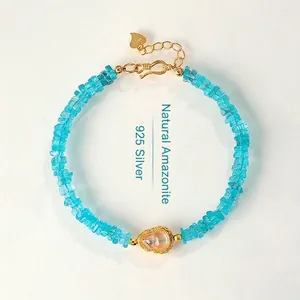 925 Sterling Silver Natural Amazonite Beaded Bracelet For Women Freshwater Pearl Gourd Fish Charm Chinese Style Lucky Jewelry