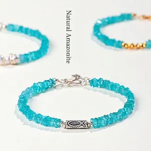 Elegant handmade 925 silver natural amazonite beaded bracelet with fish motif charm