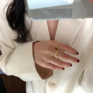 Detailed close-up view of a gold chain-link ring featuring a unique pig nose buckle