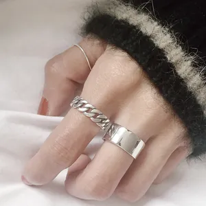 Vintage 925 sterling silver chain link and polished wide band ring set for women