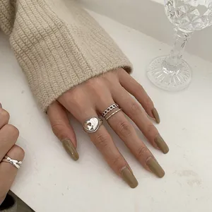 Retro 925 sterling silver ring set featuring heart and chain designs for women