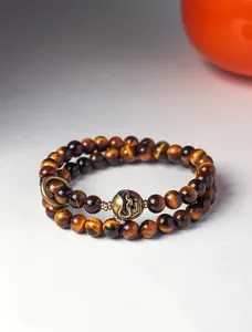 Tibetan style double-strand tiger eye stone beaded bracelet with vintage bronze charm