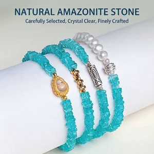 Exquisite natural Amazonite and freshwater pearl beaded bracelet set with golden gourd charm