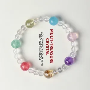 Natural multi-color crystal bracelet featuring amethyst, aquamarine and strawberry quartz