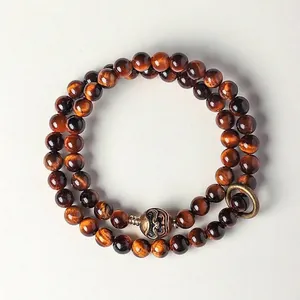 Tibetan Bronze Double Loop Beaded Bracelet For Women Men Yellow Tiger Eye Black Obsidian Ethnic Vintage Handcrafted Jewelry