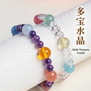 Natural multi-gemstone crystal bead bracelet featuring amethyst, aquamarine and quartz