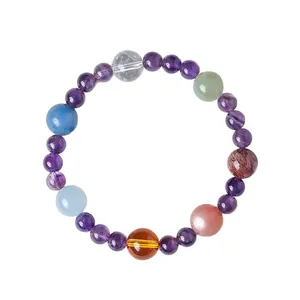 Natural multi-stone amethyst beaded bracelet featuring aquamarine and clear crystals