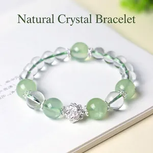 Pulsera de cuentas de prehnita y cuarzo natural con colgante de loto de plata
