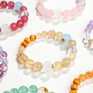 Nouveau Style Chinois Bracelet en Perles de Lotus en Cristal de Fraise Améthyste Quartz Rutilé Naturel pour Femmes Bijoux de Bracelet de Guérison en Cristal