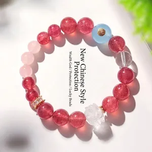 Bracelet en perles de quartz fraise naturel et lotus en cristal pour femme