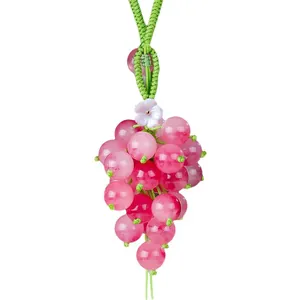 Elegant pink chalcedony grape bunch pendant with green cord for car mirror or bag decoration
