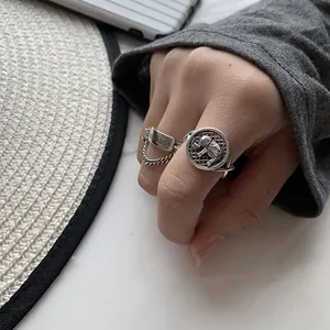 Vintage 925 sterling silver elephant and Good Luck chain open ring set for women