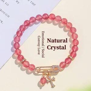 Φυσικό Κρύσταλλο Strawberry Quartz Βραχιόλι Με Χάντρες για Γυναίκες Χρυσή Παραμάνα Σταυρός Στρας Μόδα Κοσμήματα