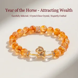 Bracciale in Pietra Naturale per Donna Bracciale di Perline in Quarzo Rutilato Oro Acquamarina Cristallo Con Ciondolo a Cavallo Strass